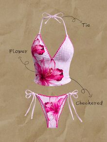 Elavelle Swim Vcay-D Women's Spring/Summer Positioning Print Spaghetti Strap Shell Crochet Trim Bikini Set Beach Vacation Pink Tropical - Multicolor - View 3