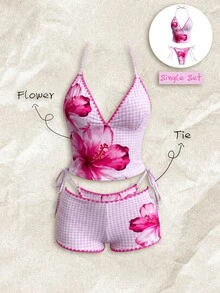 Elavelle Swim Vcay-D Women's Spring/Summer Positioning Print Spaghetti Strap Shell Crochet Trim Bikini Set Beach Vacation Pink Tropical - Multicolor - View 1