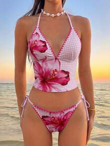 Elavelle Swim Vcay-D Women's Spring/Summer Positioning Print Spaghetti Strap Shell Crochet Trim Bikini Set Beach Vacation Pink Tropical - Multicolor - View 2