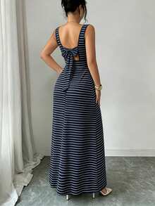 Selianne New Square Neck Women's Sleeveless Ribbed Knit Split Design Back Bow Tie Strap Elegant Slim Fit Party Long Dress - Navy Blue - View 2