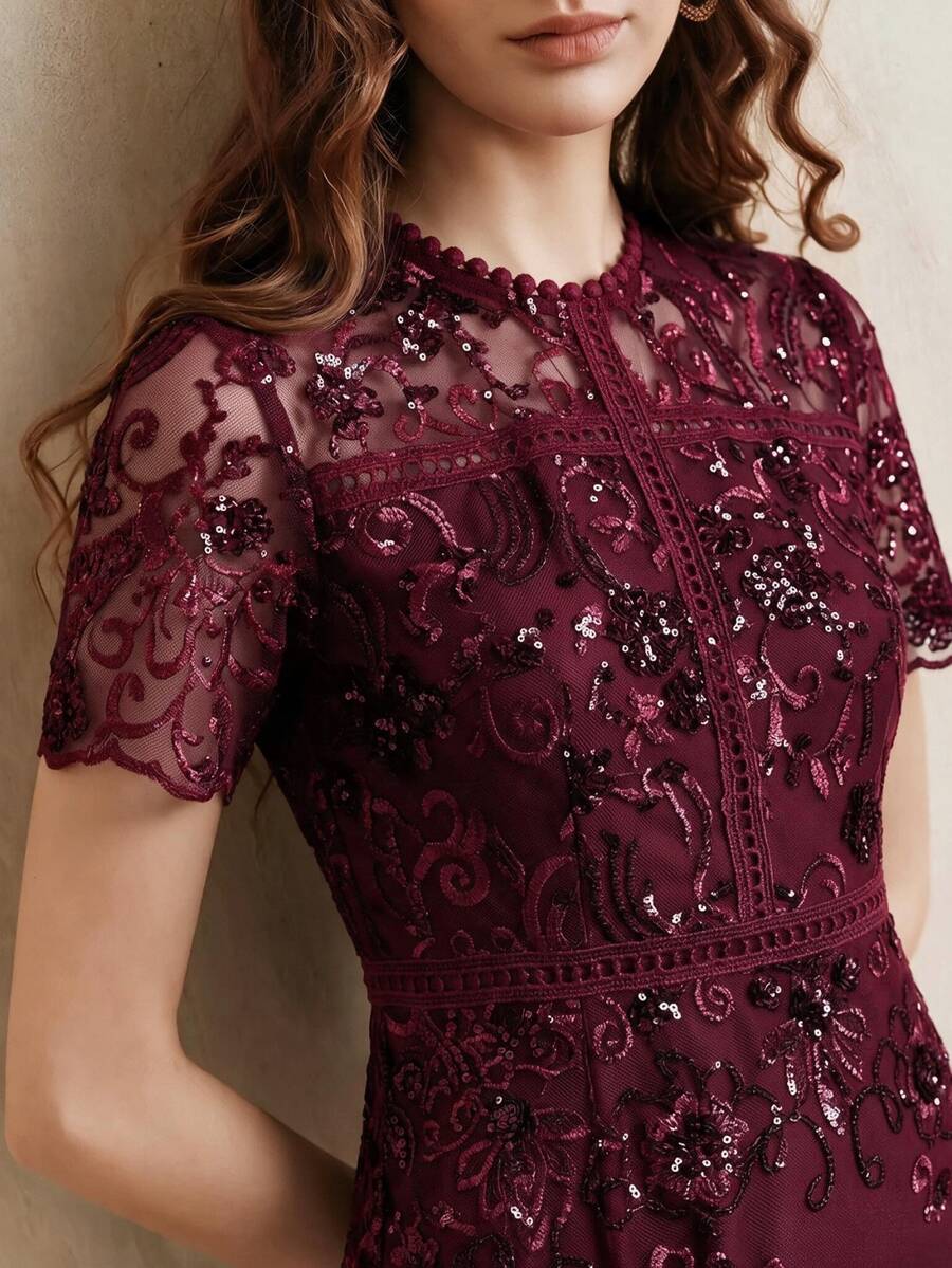 Anewsta Affair Modern Elegant Burgundy Banquet Date 3D Floral Mesh Sequin Short Sleeve Dress For Dinner Evening,Cocktail,Wedding - Burgundy - View 1
