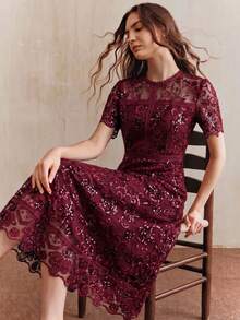 Anewsta Affair Modern Elegant Burgundy Banquet Date 3D Floral Mesh Sequin Short Sleeve Dress For Dinner Evening,Cocktail,Wedding - Burgundy - View 5