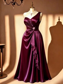 Rometta 女款大尺碼皇家藍單肩抓皺腰褶皺水鑽扣飾不對稱荷葉邊長洋裝，適合外出、聚會、晚宴、主持、生日派對，優雅奢華晚禮服 - 中紫紅色 - 查看 2