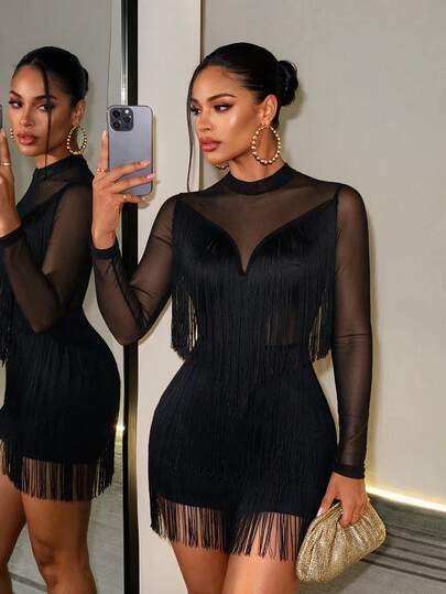 SHEIN Foxxy Đầm tua rua lưới xuyên thấu tay dài màu đen gợi cảm thời trang dành cho nữ, phù hợp với trang phục khiêu vũ Latin, PROM, tiệc tùng, tiệc tùng