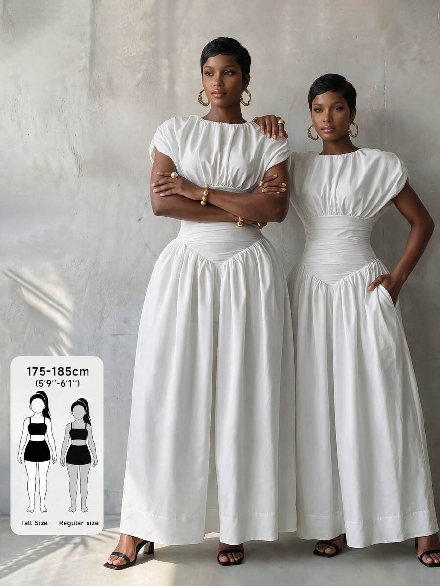 BamGlimmer Women's Solid Color Round Neck Ruched Waist Elegant Minimalist Dress Wedding Vacation Party Night Dinner White Summer