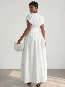 BamGlimmer Women's Solid Color Round Neck Ruched Waist Elegant Minimalist Dress Wedding Vacation Party Night Dinner White Summer - White - View 3