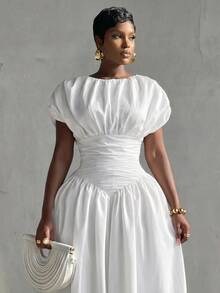 BamGlimmer Women's Solid Color Round Neck Ruched Waist Elegant Minimalist Dress Wedding Vacation Party Night Dinner White Summer - White - View 4
