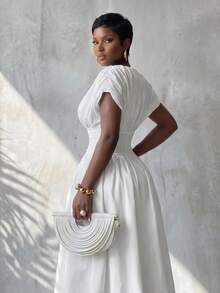 BamGlimmer Women's Solid Color Round Neck Ruched Waist Elegant Minimalist Dress Wedding Vacation Party Night Dinner White Summer - White - View 8