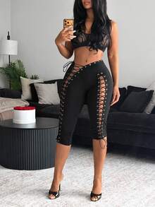 SHEIN BamGlam 2026春季女款新款性感露背細肩帶設計七分長褲街頭時尚風 - 黑色 - 查看 5