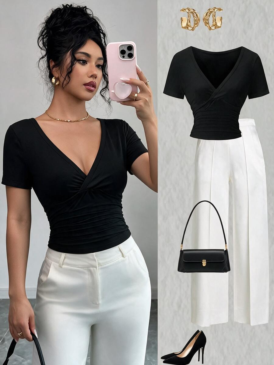 Elenzga Women Summer Solid Color Overlap V-Neck Short Sleeve Slim Fitted Vacation Holiday Versatile Cropped T-Shirt - Black - View 1