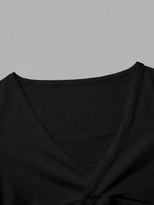 Elenzga Women Summer Solid Color Overlap V-Neck Short Sleeve Slim Fitted Vacation Holiday Versatile Cropped T-Shirt - Black - View 6