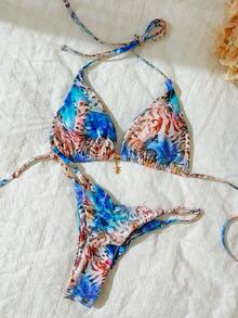 SHEIN Swim Springbreak Women's Random Print Spaghetti Strap Sexy Bikini Swimwear Set, Summer Beachwear Outfits - Multicolor - View 7