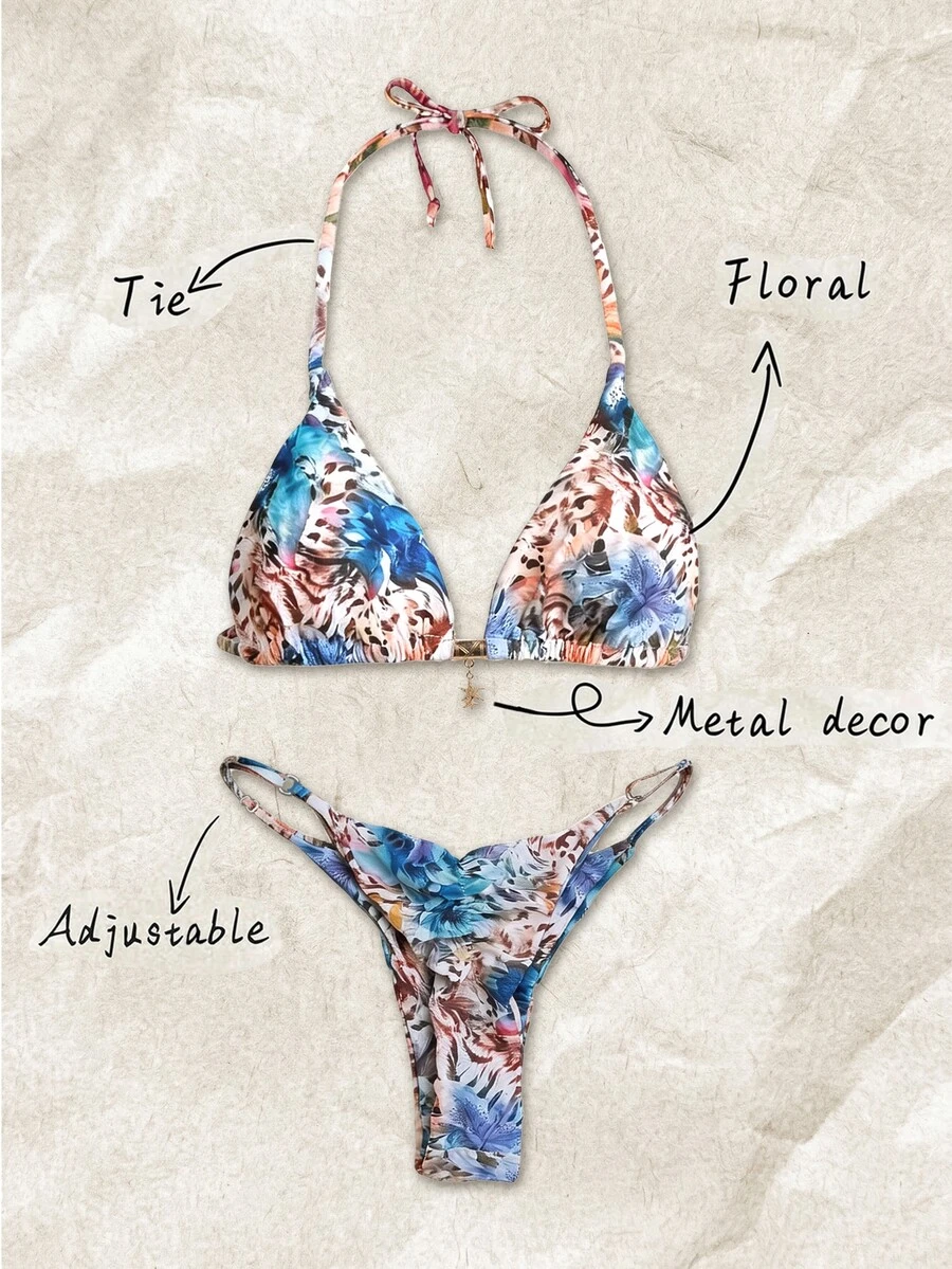 SHEIN Swim Springbreak Women's Random Print Spaghetti Strap Sexy Bikini Swimwear Set, Summer Beachwear Outfits - Multicolor - View 1