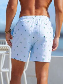 Manfinity VDAYZ Men Textured Stripe Coconut Tree Printed Summer Drawstring Waist Beach Shorts, Hawaiian, Holiday - Baby Blue - View 2