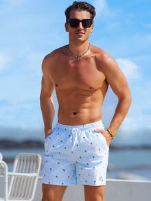 Manfinity VDAYZ Men Textured Stripe Coconut Tree Printed Summer Drawstring Waist Beach Shorts, Hawaiian, Holiday - Baby Blue - View 3