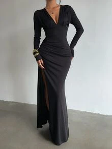 Glamine Black Deep V Long Sleeve Ruched High Slit Bodycon Dress,Women Elegant Sexy Evening Gown For Wedding Night Out Guest,Dinner Party,Cocktail,Halloween - Black - View 3