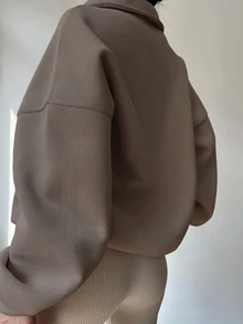 INAWLY 女士纯色落肩长袖半开襟拉链休闲卫衣，秋冬季，毕业季，教师节，返校季套头衫 - 棕色 - 查看 2
