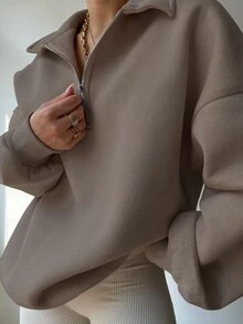INAWLY 女士纯色落肩长袖半开襟拉链休闲卫衣，秋冬季，毕业季，教师节，返校季套头衫 - 棕色 - 查看 3