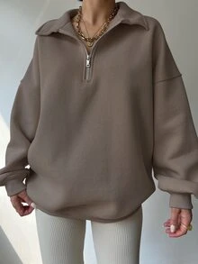 INAWLY 女士纯色落肩长袖半开襟拉链休闲卫衣，秋冬季，毕业季，教师节，返校季套头衫 - 棕色 - 查看 4
