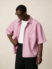 STYNVO Men's Casual Streetwear Plaid Shirt, Summer City Break Vacation Pink Check - Pink - View 3