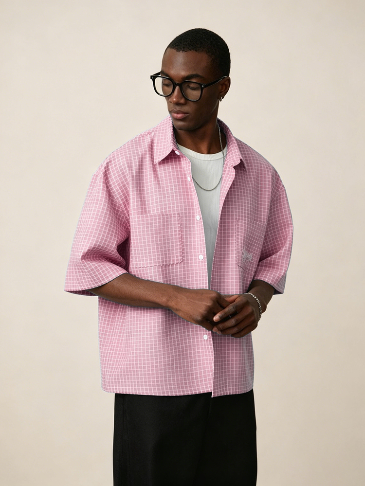 STYNVO Men's Casual Streetwear Plaid Shirt, Summer City Break Vacation Pink Check - Pink - View 5