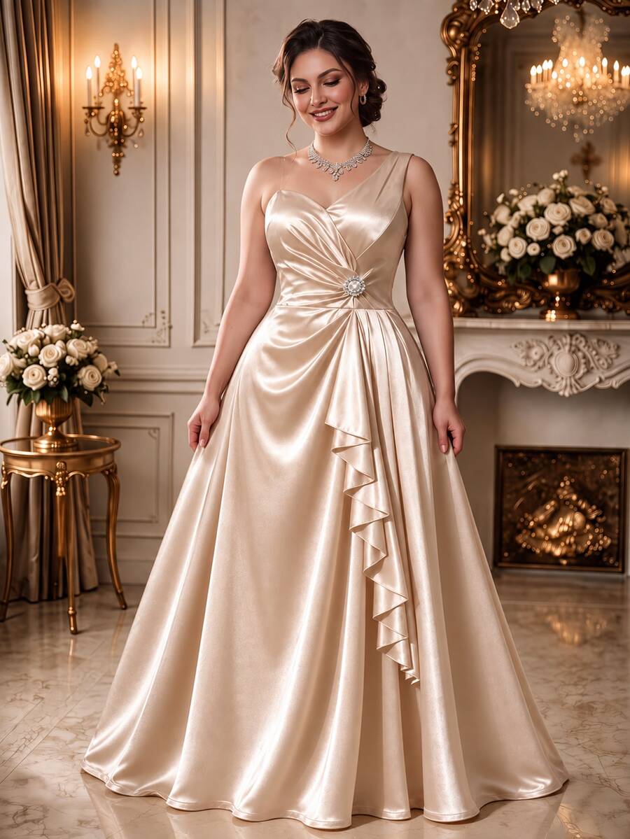 Rometta Women's Plus Size Champagne One Shoulder Ruched Waist Pleated Rhinestone Buckle Decor Asymmetrical Ruffle Hem Long Dress, Wedding Formal - Champagne - View 1