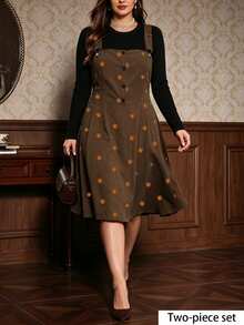 Auvina Plus Size Women Solid Color Long Sleeve Top And Suspender Dress Set - Brown - View 5