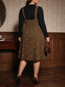 Auvina Plus Size Women Solid Color Long Sleeve Top And Suspender Dress Set - Brown - View 2