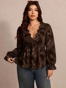 Elaquor Casual Minimalist Romantic Floral Print Plus Size V-Neck Long Sleeve Blouse Fall - Multicolor - View 5