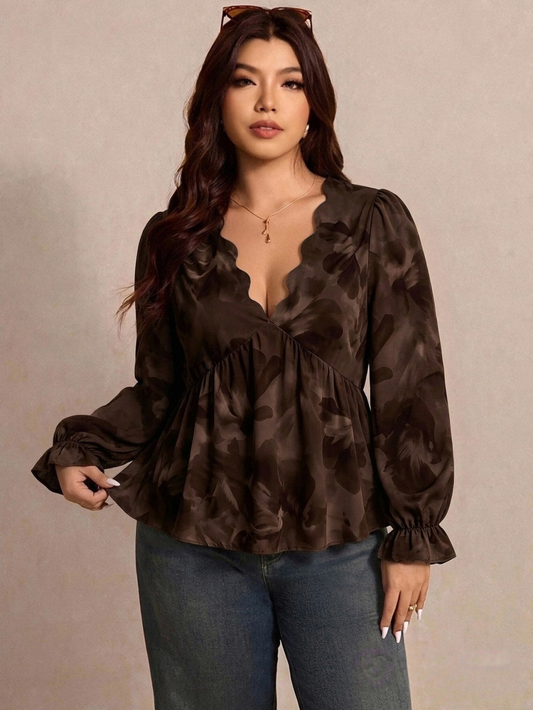 Elaquor Casual Minimalist Romantic Floral Print Plus Size V-Neck Long Sleeve Blouse Fall - Multicolor - View 5