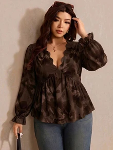 Elaquor Casual Minimalist Romantic Floral Print Plus Size V-Neck Long Sleeve Blouse Fall - Multicolor - View 6