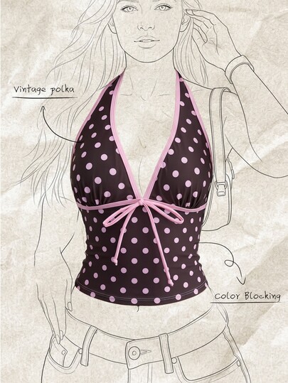 Elavelle Women's Elegant Brown And Pink Polka Dot Tank Top Bikini Top(No Bottom) Beach Party Vacation Going Out