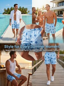 Manfinity KASUA Men's Summer Vacation Sea Turtle Print Drawstring Waist Beach Shorts, Holiday - Mint Blue - View 6