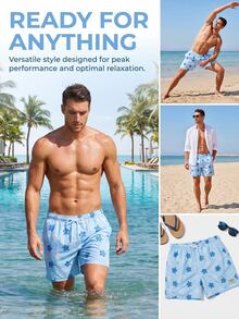 Manfinity KASUA Men's Summer Vacation Sea Turtle Print Drawstring Waist Beach Shorts, Holiday - Mint Blue - View 4