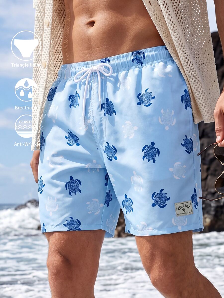 Manfinity KASUA Men's Summer Vacation Sea Turtle Print Drawstring Waist Beach Shorts, Holiday - Mint Blue - View 1