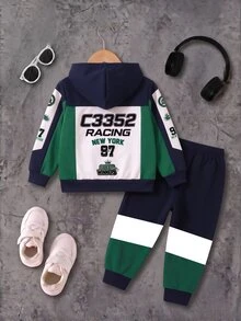 Young Boys Racing Graphic Green Colorblock Zip Up Hooded Jacket And Sweatpants 2pcs Set Casual Sports Fall Winter Outfits - Multicolor - View 2