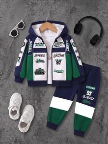 Young Boys Racing Graphic Green Colorblock Zip Up Hooded Jacket And Sweatpants 2pcs Set Casual Sports Fall Winter Outfits - Multicolor - View 3
