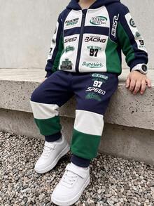 Young Boys Racing Graphic Green Colorblock Zip Up Hooded Jacket And Sweatpants 2pcs Set Casual Sports Fall Winter Outfits - Multicolor - View 1