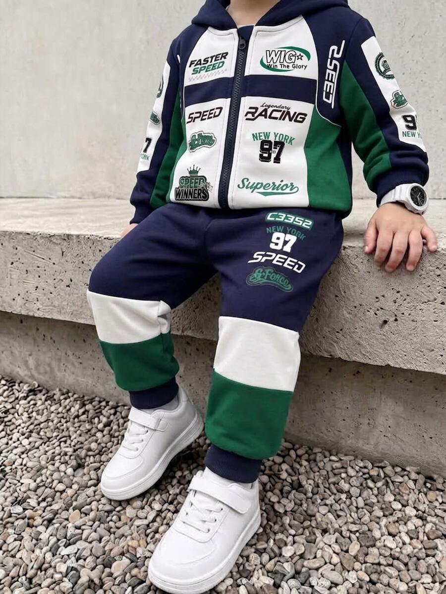 Young Boys Racing Graphic Green Colorblock Zip Up Hooded Jacket And Sweatpants 2pcs Set Casual Sports Fall Winter Outfits - Multicolor - View 1