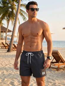 Manfinity KASUA Pantalones cortos de playa casuales con cordón en la cintura para hombres, vacaciones - Negro - Ver 5