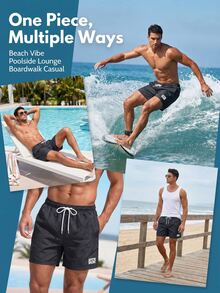 Manfinity KASUA Pantalones cortos de playa casuales con cordón en la cintura para hombres, vacaciones - Negro - Ver 6