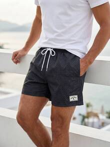 Manfinity KASUA Pantalones cortos de playa casuales con cordón en la cintura para hombres, vacaciones - Negro - Ver 4