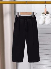 SHEIN Genkimix Kids 1件男童保暖內裡直筒牛仔褲，適合日常穿著、戶外活動、通勤、上學，秋冬校園穿搭 - 黑色 - 查看 2