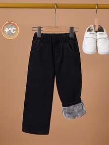 SHEIN Genkimix Kids 1件男童保暖內裡直筒牛仔褲，適合日常穿著、戶外活動、通勤、上學，秋冬校園穿搭 - 黑色 - 查看 1