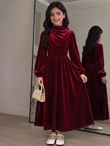 SHEIN 少女女孩優雅純色酒紅天鵝絨長袖燈籠袖洋裝 秋冬派對洋裝 - 酒紅色 - 查看 7