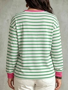 SHEIN LUNE 大尺碼休閒圓領長袖條紋T恤，秋冬款，感恩節秋季女裝 - 彩色 - 查看 2