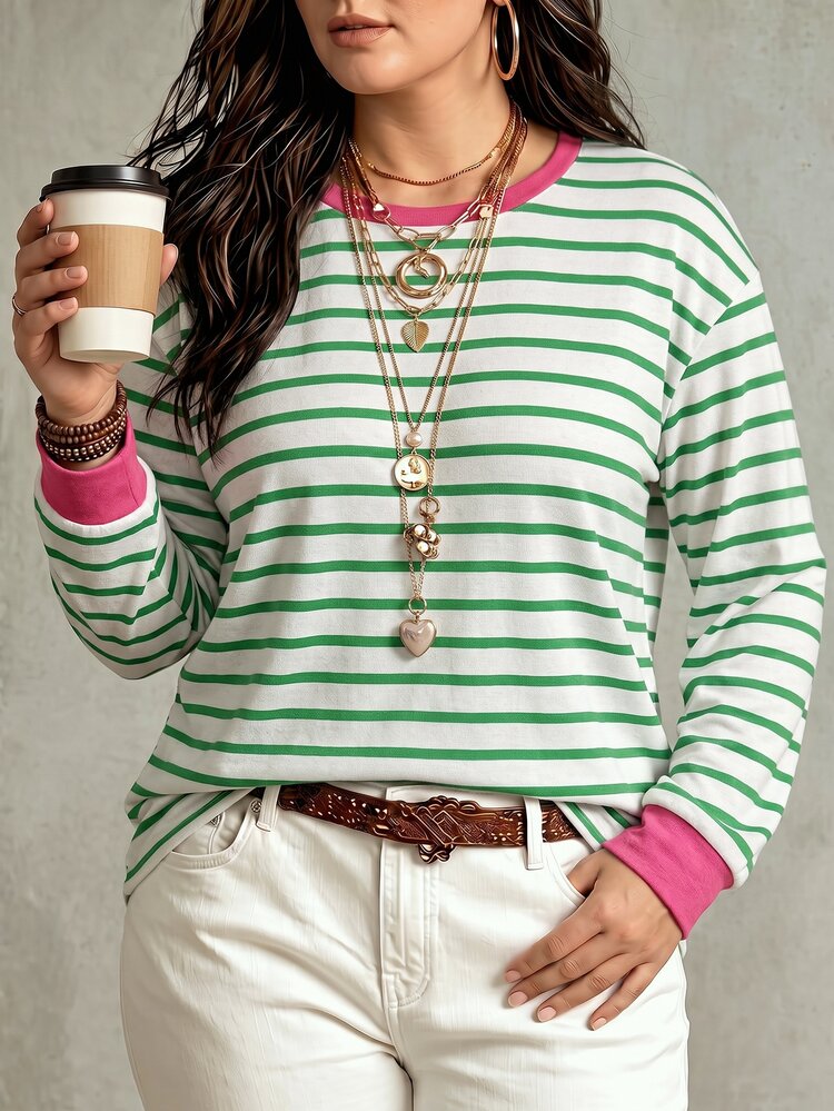 SHEIN LUNE Plus Size Casual Round Neck Long Sleeve Striped T-Shirt, Autumn & Winter, For Thanksgiving Fall Cloth For Women - Multicolor - View 3