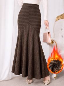 Modelyn Elegant Slim Fit Gradient Striped High Waist Bodycon Mermaid Skirt For Women Thanksgiving Party Night Office Brown Plaid Autumn - Brown - View 4