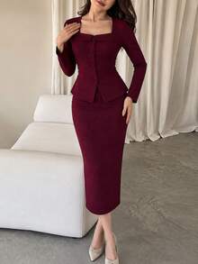 Modelyn 女款優雅針織圓領前扣綁帶長袖A字白色中長洋裝，適合派對、約會、辦公室、婚禮賓客，四季皆宜 - 酒紅色 - 查看 5