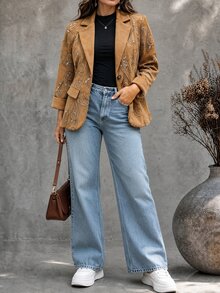 Ceyna Plus Size Women's French Casual Elegant Faux Embroidered Long Sleeve Blazer - Coffee Brown - View 1